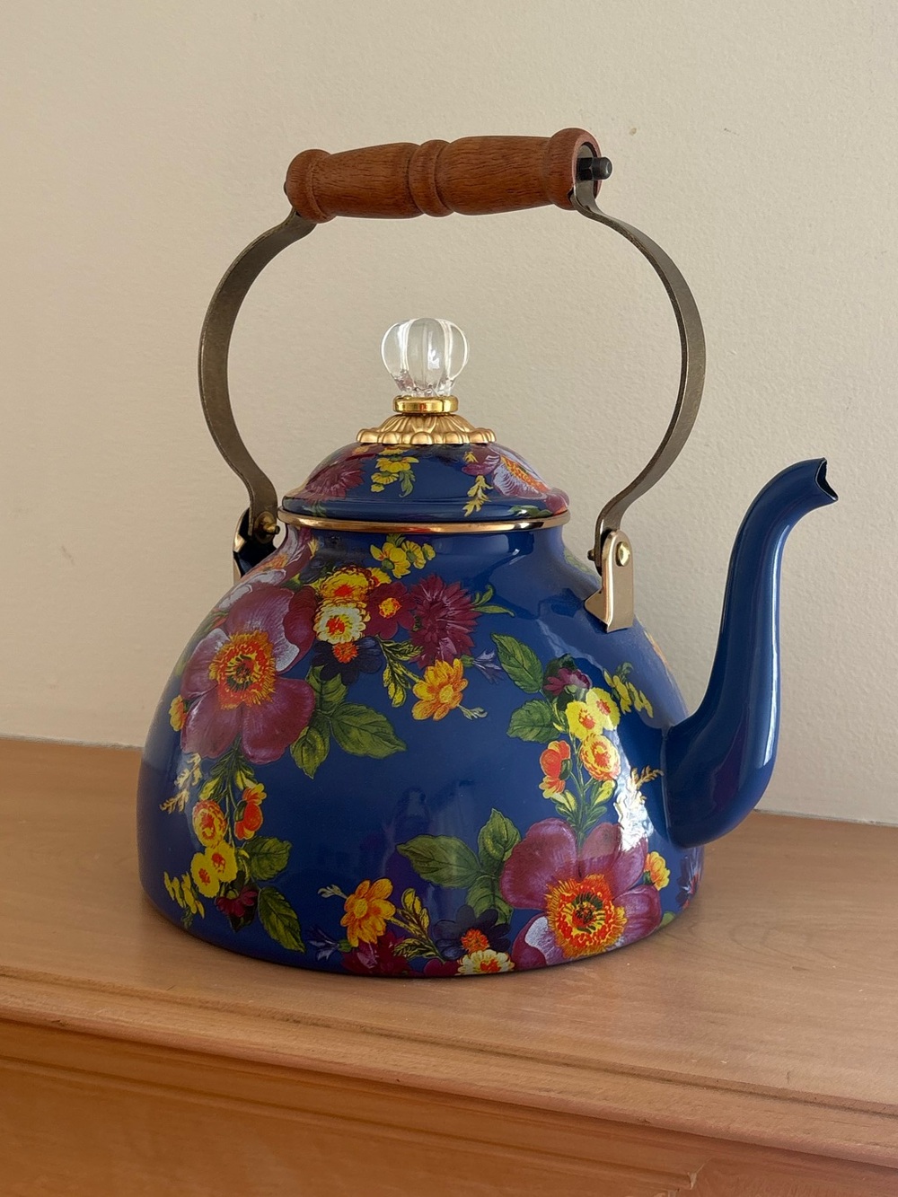 MacKenzie-Childs Blue Floral Enamel Teakettle with Wooden Handle